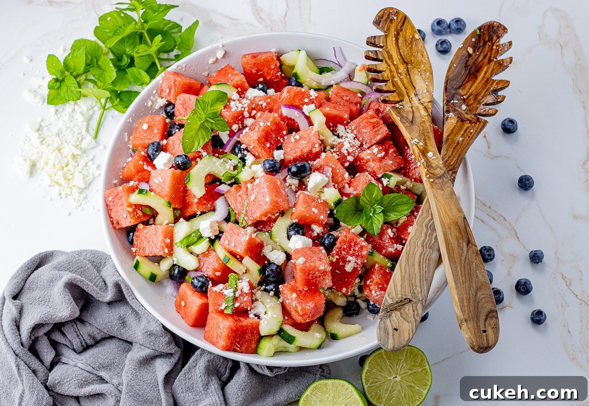 Refreshing Watermelon and Feta Salad with Mint and Balsamic 5 watermelon salad with feta cheese, cucumbers and blueberries