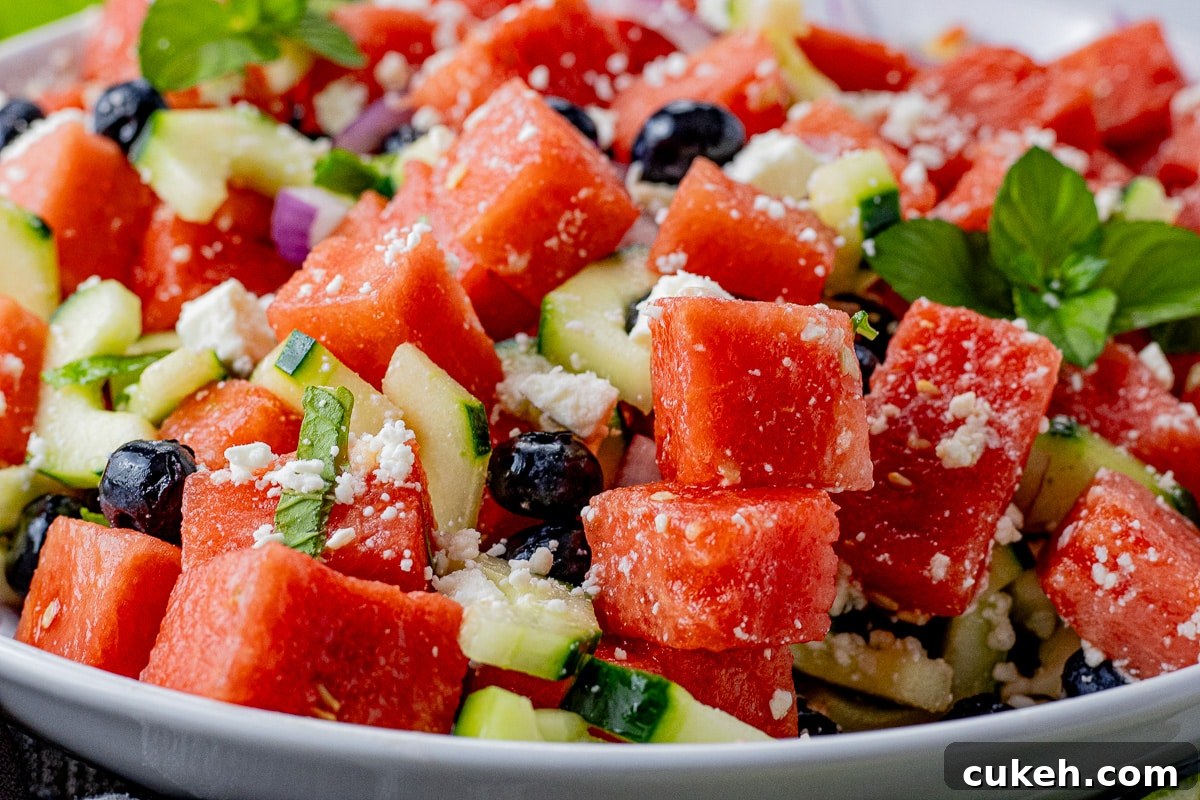 Refreshing Watermelon and Feta Salad with Mint and Balsamic 6 watermelon salad with cucumbers, blueberries and mint