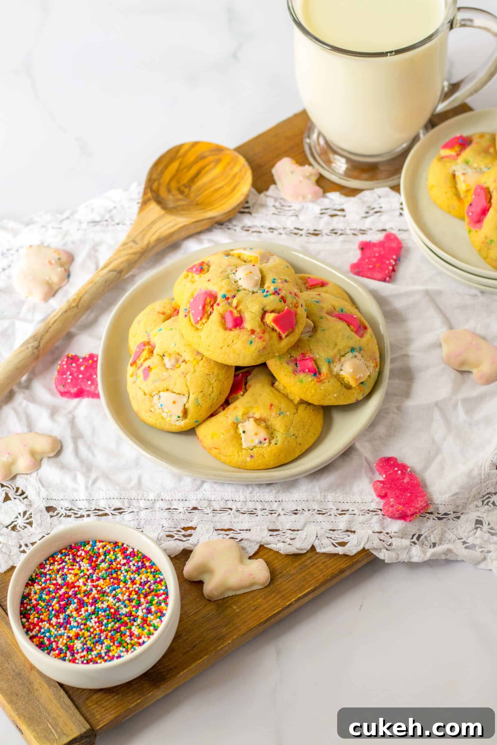 circus animal cookies piled on a white plate