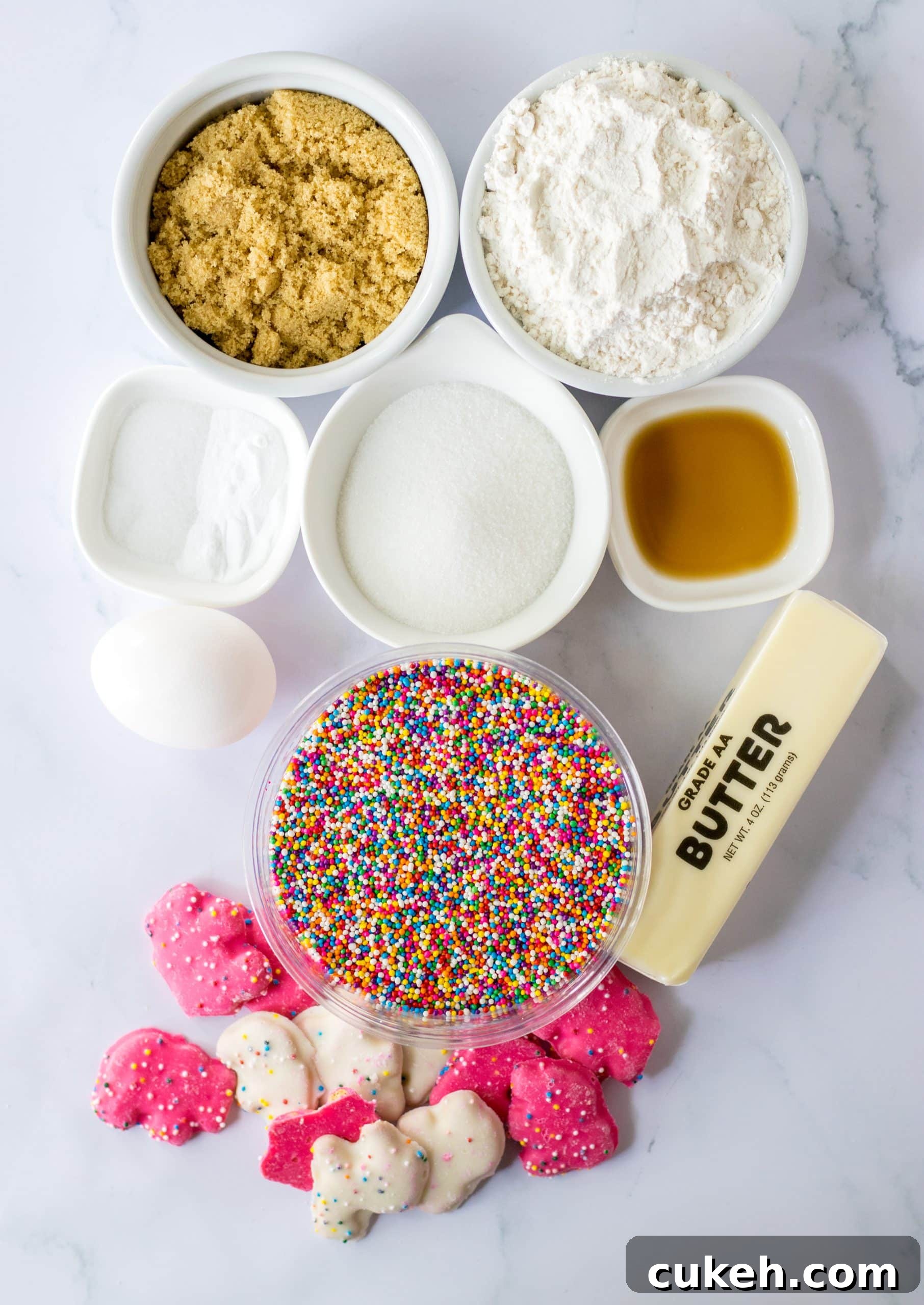 an overhead image showing the measured ingredients needed to make a batch of circus animal cookies