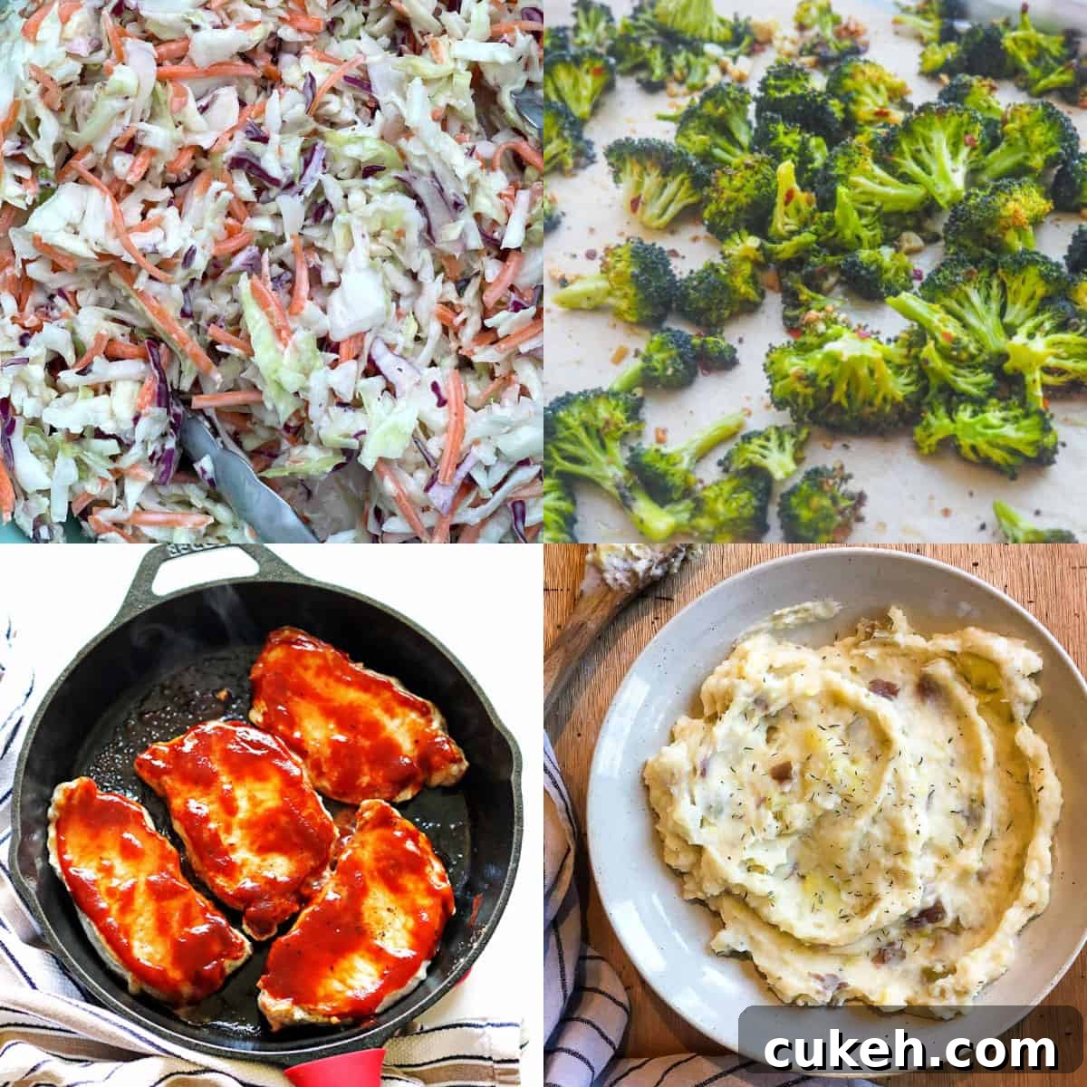 A collage of images showing what to serve with pork chops - coleslaw, potatoes, and broccoli.