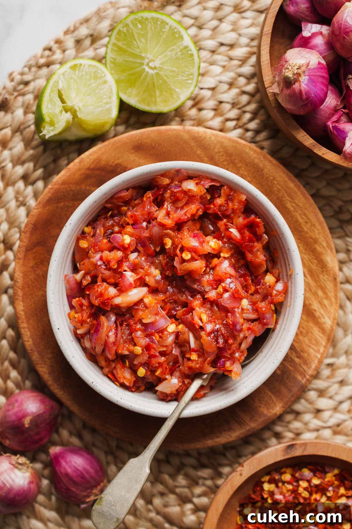 lunu miris, chili and onion sambal, a sri lankan spicy condiment on a bowl.