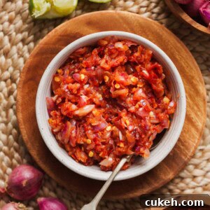 spicy chili and onion sambal on a plate with a spoon.