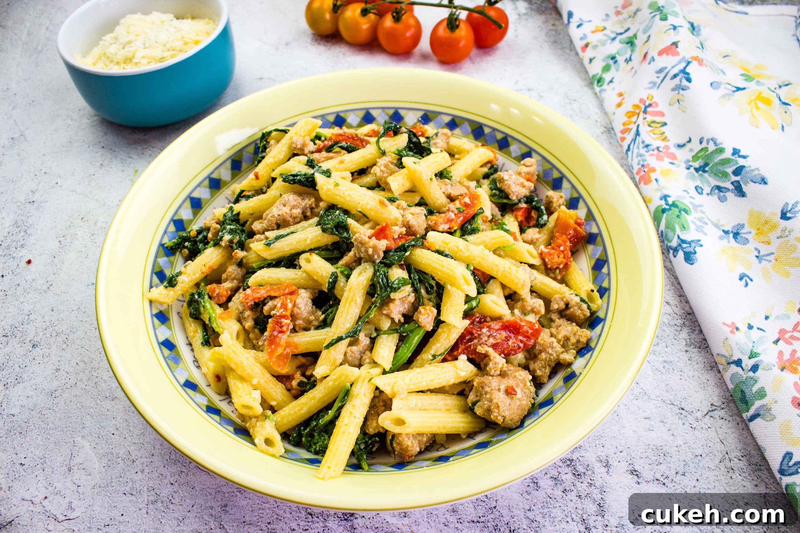 Broccoli Rabe and Sausage in a serving bowl with tomatoes in the background.