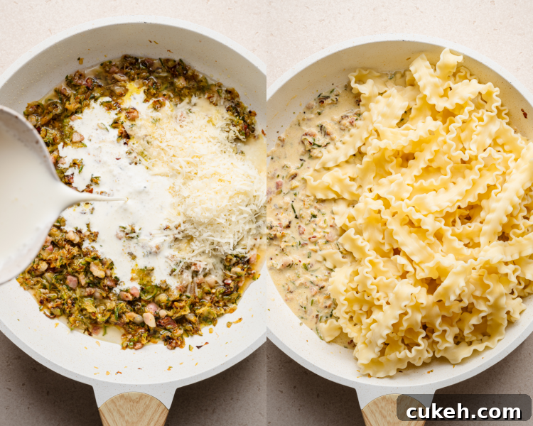 Adding cream and cheese to zucchini then tossing with pasta