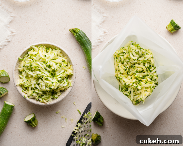 Shredded zucchini and squeezing out liquid