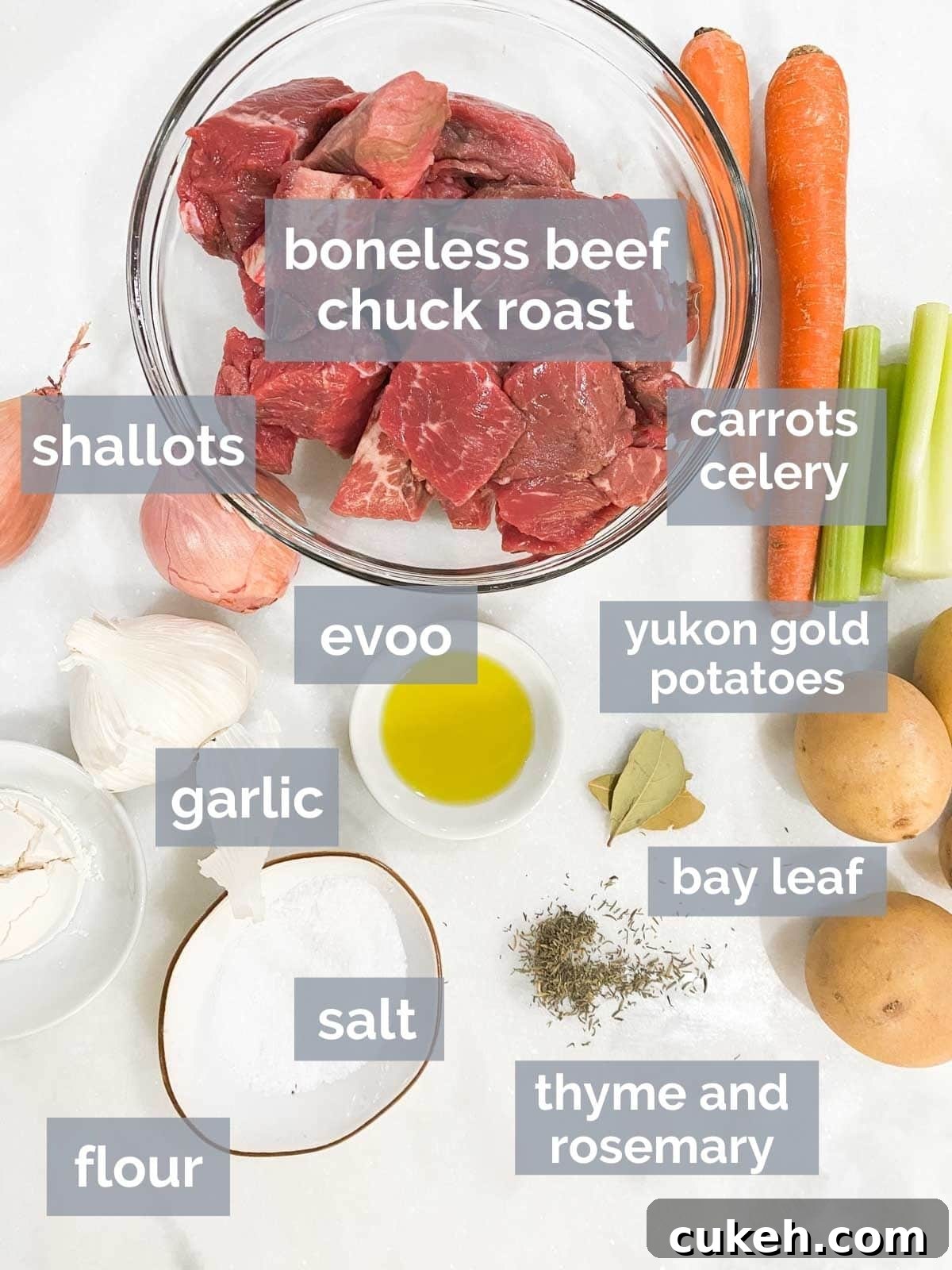 Beef chuck roast, carrots, celery, spices, and potatoes on a white table