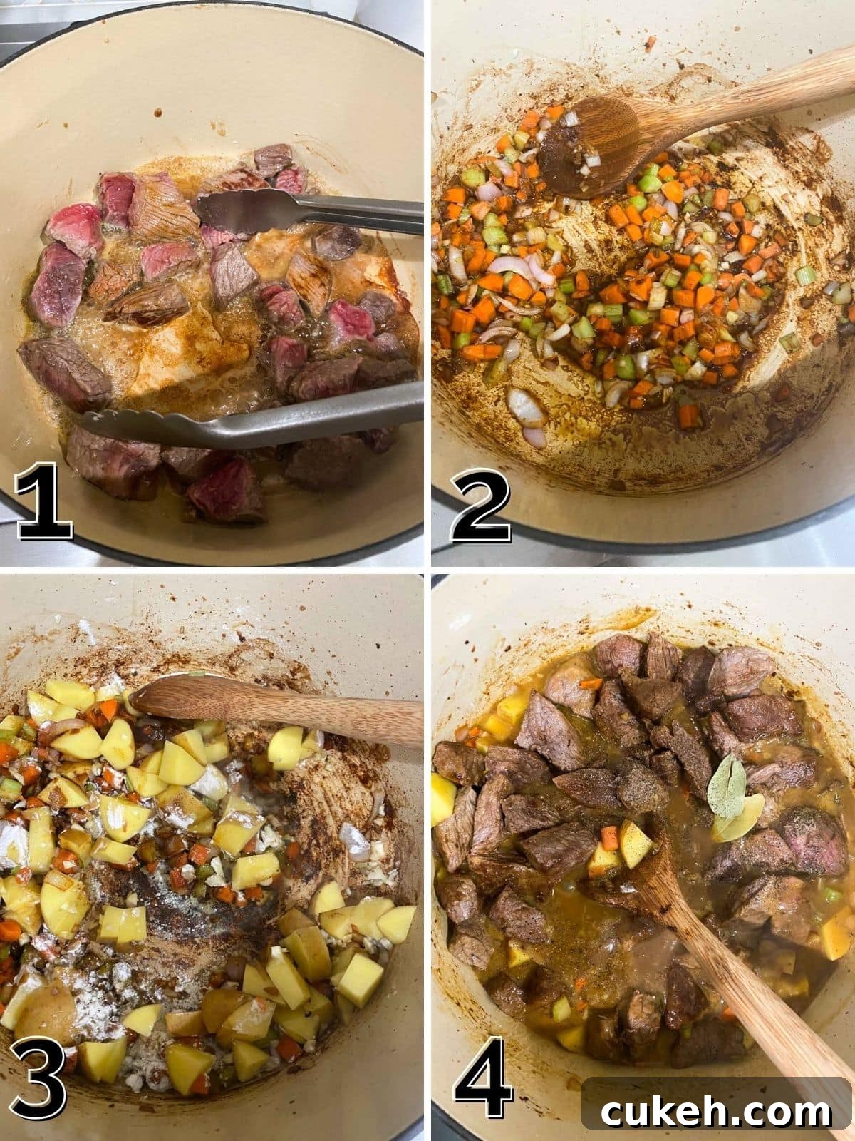 Step by step process photos for how to make a beef stew from pan searing the beef to stirring in the vegtables