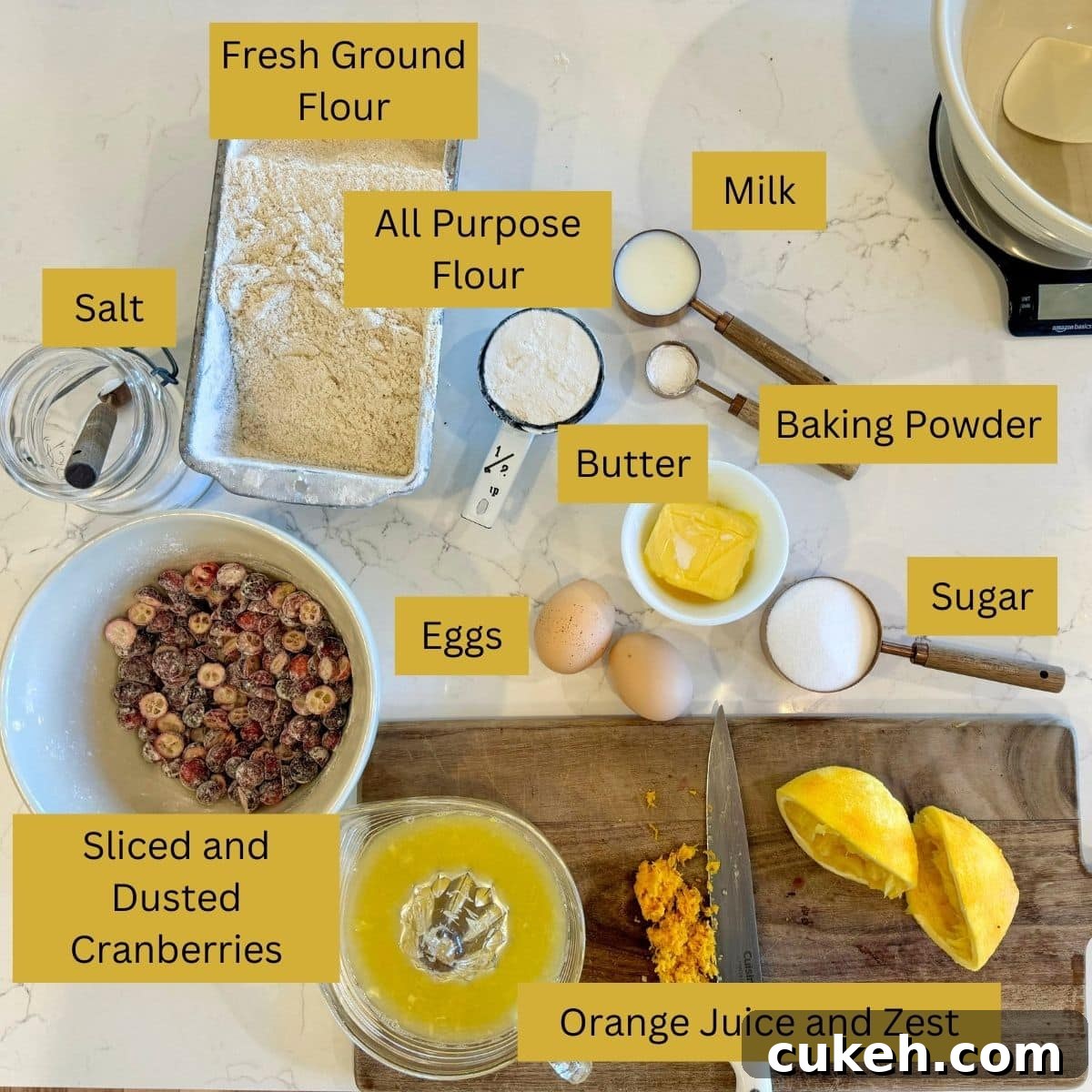 cranberry bread with orange glaze INGREDINETS: flour, sugar, butter, salt, baking powder, zest and juice of an orange, cranberries, milk, salt