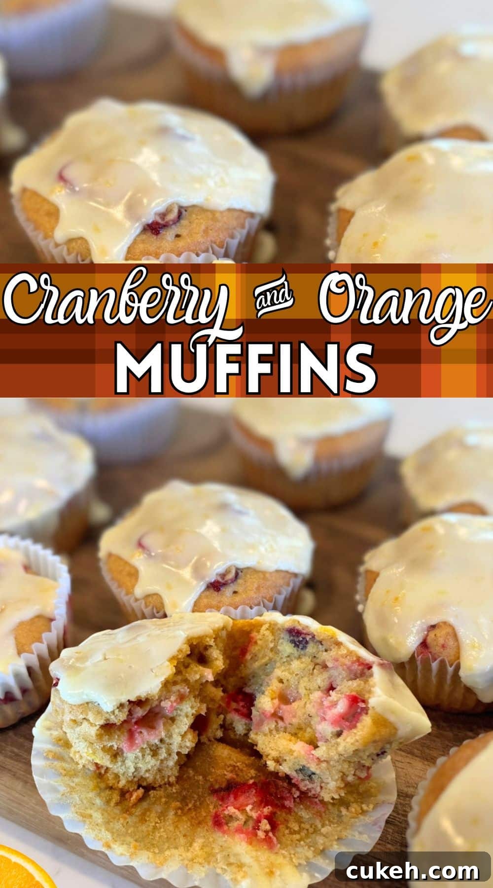Glazed Cranberry Orange Muffins with text