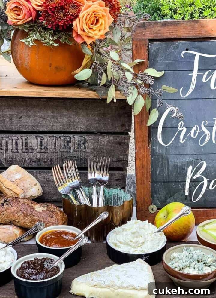 A rustic table with small bowls filled with toppings for a fall appetizer crostini bar.