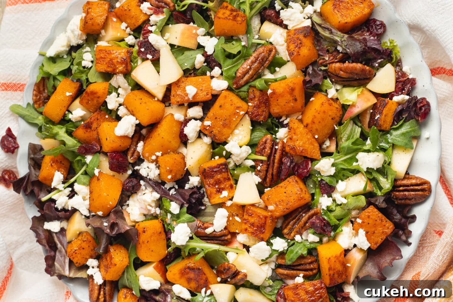 This is a picture of a plate of butternut squash feta salad.