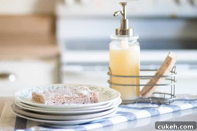 DIY Liquid Dish Soap Recipe: Affordable, Eco-Friendly Cleaner 6 dish soap sponge with DIY dish soap sitting on stack of white plates