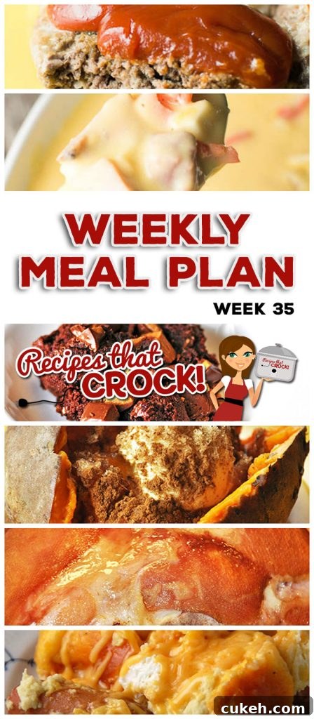 This week's weekly menu features Slow Cooker Sweet and Sour Chicken, Easy Crock Pot Ham, Crock Pot Sweet Potatoes, Crock Pot Ham and Cheese Soup, Wonderful Crock Pot Meatloaf, Crock Pot Potato Packet, Slow Cooker Apple BBQ Ribs, Crock Pot Roasted Potatoes, Crock Pot Breakfast Sausage Strata, Fudgy Crock Pot Reese's Spoon Cake and Slow Cooker Rice Krispy Treats.