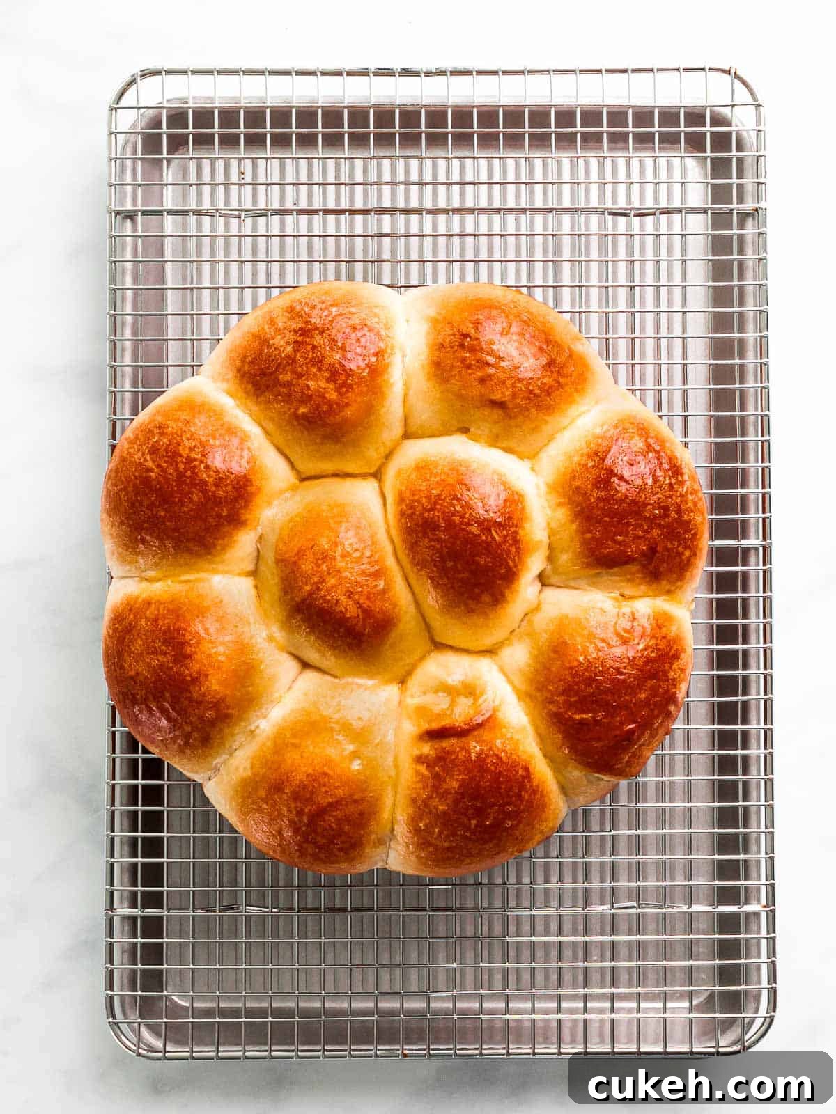Brioche rolls baked until golden brown resting on a cooling rack.