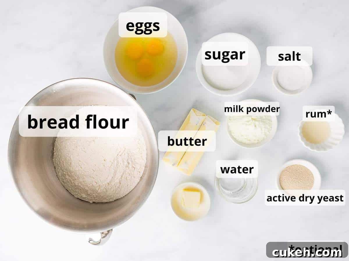 Ingredients for brioche rolls in small bowls with text overlay.