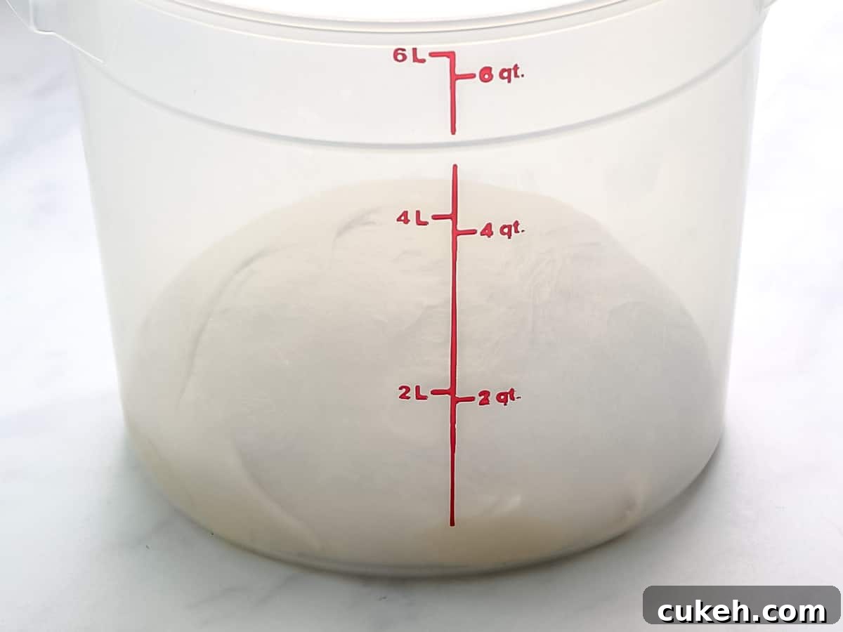 Brioche dough in a translucent container ready for proofing.