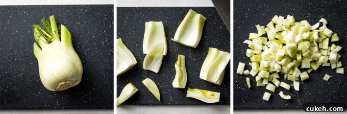 Fennel & Potato Vegetable Pot Pie Recipe — Savory Comfort Dish 4 Fennel bulb being chopped.
