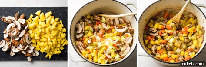 Fennel & Potato Vegetable Pot Pie Recipe — Savory Comfort Dish 5 Sliced potatoes and mushrooms being cooked with carrots and other veggies in a Dutch oven.