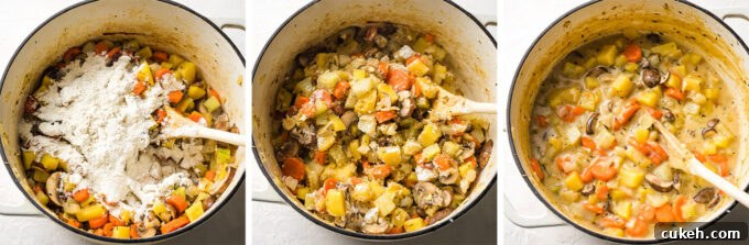 Fennel & Potato Vegetable Pot Pie Recipe — Savory Comfort Dish 6 Collage image showing steps to making the roux.