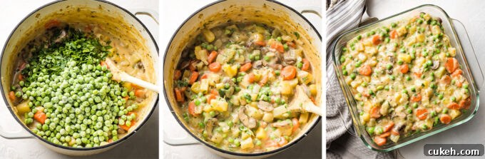 Fennel & Potato Vegetable Pot Pie Recipe — Savory Comfort Dish 7 Collage image showing steps of adding peas and seasoning and scooping veggie pot pie mixture into a baking dish.