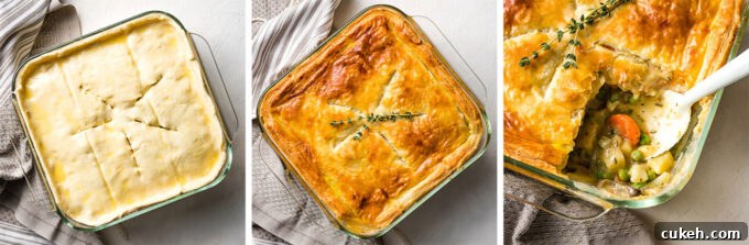 Fennel & Potato Vegetable Pot Pie Recipe — Savory Comfort Dish 8 Collage image of puff pastry being laid on top and baked.